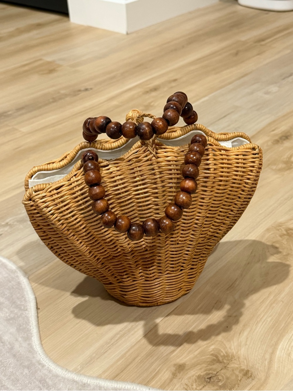 Woven Rattan Tote Bag with Wooden Bead Handles - Brown